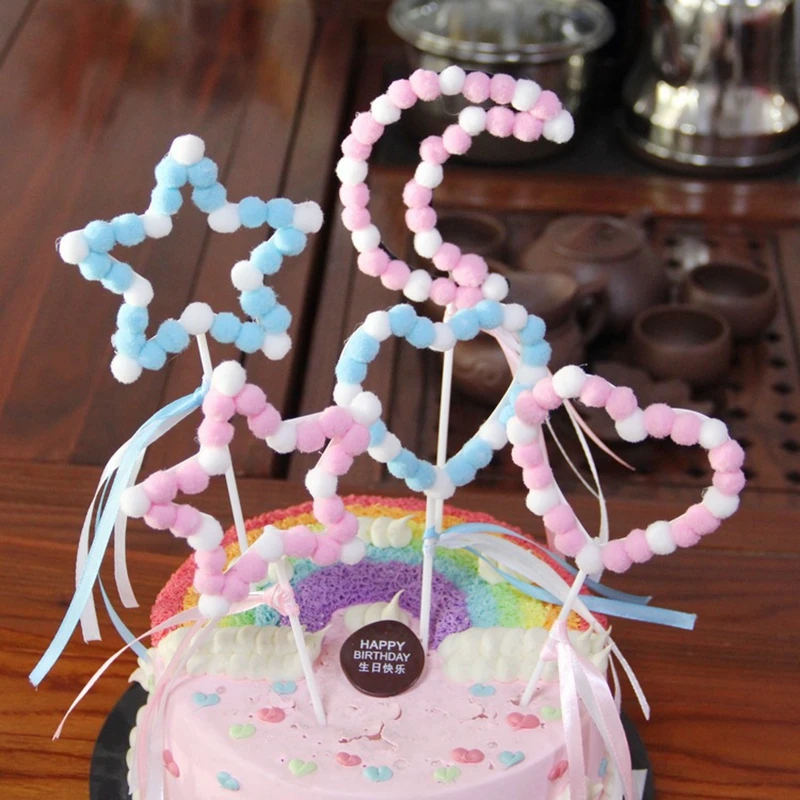 

Pink Blue Soft Pompom Cloud Birthday Cake Topper Baby Shower DIY Cake Top Flags For Kids Birthday Wedding Decoration Supplies