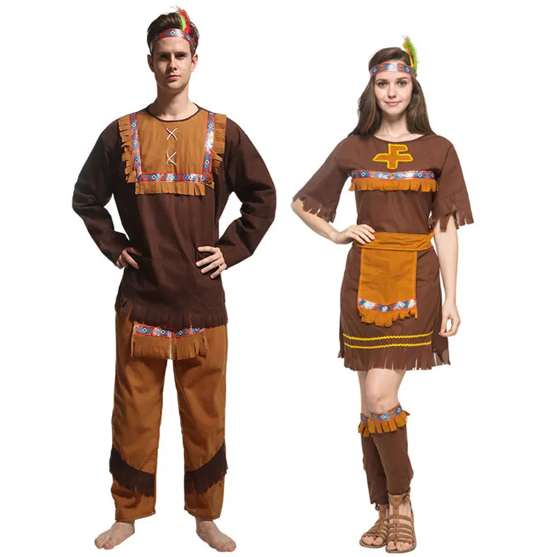 Cosplay Costume Adult Couple Indian Native Clothes Women Men Primitive Man Caveman Tassel Halloween Carnival Party Fancy Dress