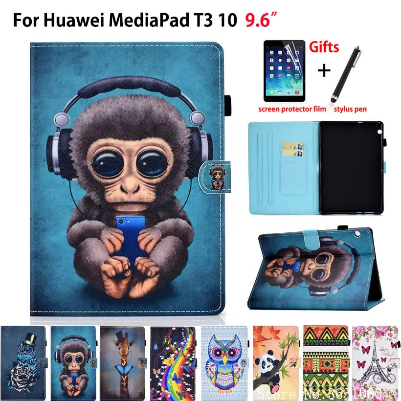 

Case For Huawei MediaPad T3 10 AGS-L09 AGS-W09 AGS-L03 9.6" Cover Funda Cartoon monkey Silicon PU Leather Stand Skin Shell +Gift