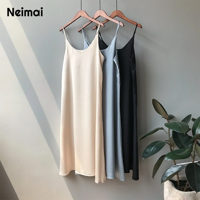 

Neimai Camisole Elastic Satin Dress Vestido Sexy Vintage Summer Elegant Midi Elbise Casual New Arrival 2019 Beach Ladies Dresses