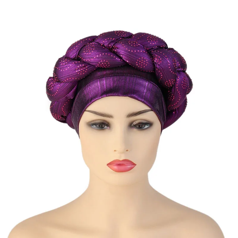 BUSHRA African Turban Cap Braided Aso Oke Gele Head Wrap Already Made Auto Headtie Nigerian Female Ready To Wear Hair Bonnet
