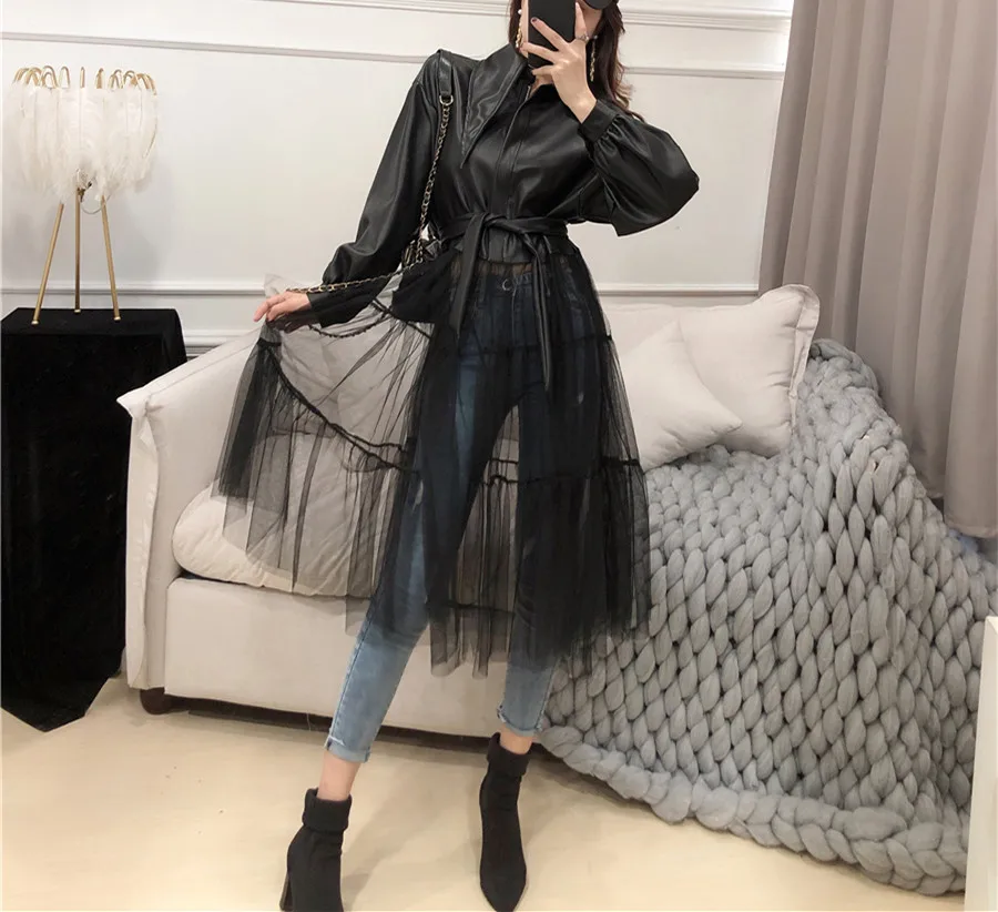 WHITNEY WANG осенне-зимняя модная уличная сетчатая юбка Лоскутная куртка из искусственной кожи женское пальто из искусственной кожи