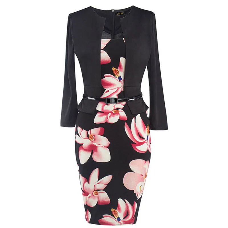 Formal Slim Office Ladies Dress Women Square Collar Puff Sleeve Pencil Dresses Autumn Spring High Waist Sashes Womens Dress