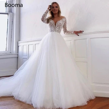 

Booma V-neck Lace Wedding Dresses Boho Long Sleeve Tulle Bridal Gowns Open Back Beach Wedding Party Dress Plus Size No Train