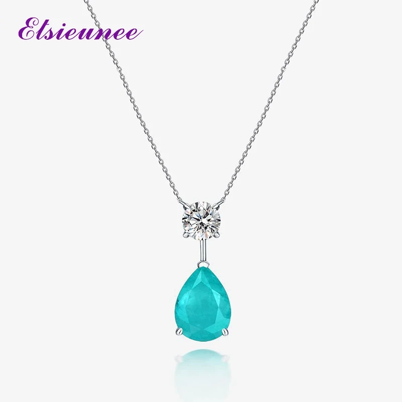 

ElSIEUNEE 925 Sterling Silver Pear Paraiba Tourmaline Simulated Moissanite Diamond Pendant Necklaces Women Party Fine Jewelry