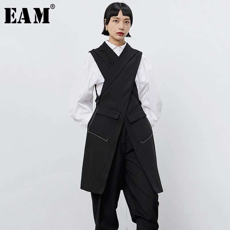

[EAM] Women Black Cross Split Joint Long Asymmetrical Loose Fit Vest New V-collar Sleeveless Fashion Spring Autumn 2019 1B677
