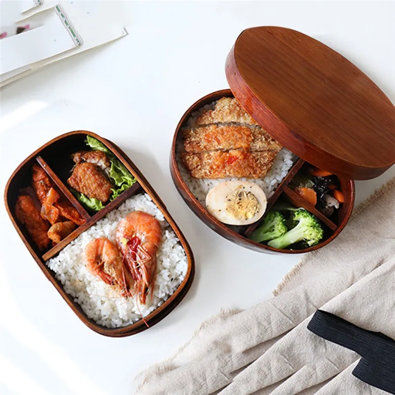 Imixlot Oval Wooden Lunch Box Japanese Single Layer Wooden Sushi Box Tableware Portable Bento Container Box Student Supplies
