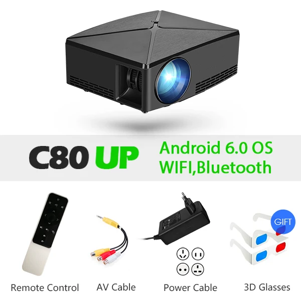 AUN Proyector C80 UP, разрешение 1280x720, 2200 люмен с Android wifi HD мультимедийный проектор для домашнего кинотеатра, дополнительный мини-проектор C80 - Цвет: C80UP