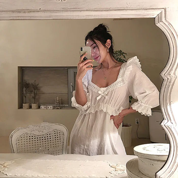 Women nightgowns women nightdresses sleeping dress new women's lolita dress white lace square neck princess sleepshirts