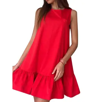 

Women Fashion Solid Color Pleated Sleeveless Round Neck Loose Mini Party Dress