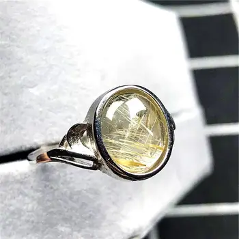 

10mm Top Natural Gold Rutilated Quartz Ring For Woman Man Crystal Oval Beads Silver Gemstone Adjustable Ring Jewelry AAAAA