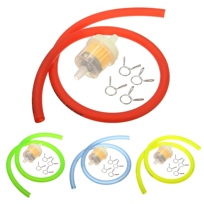 Filtro Benzina 6Mm + Tubo Flessibile Benzina + 4 Clip Mini Per Moto Scooter Dirt Bike