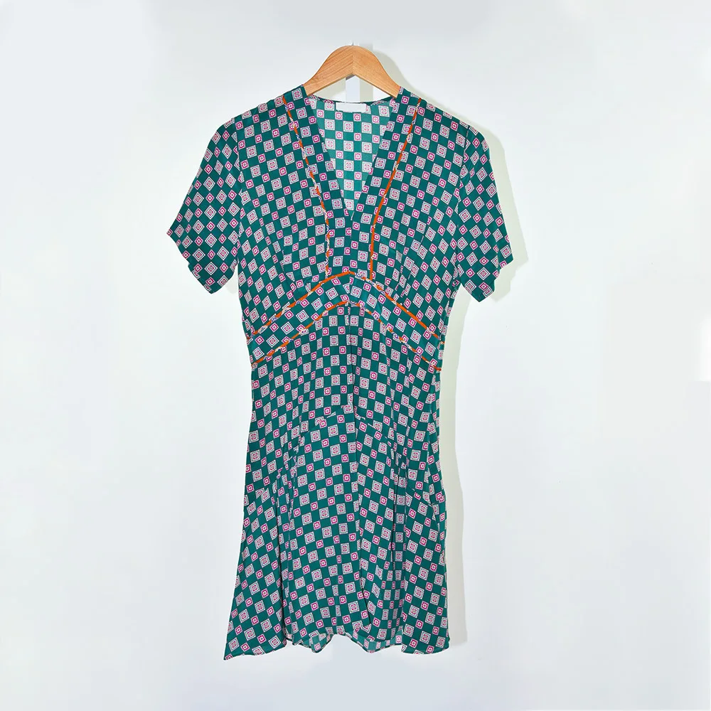 

Summer Slim Fit Check Pattern Splicing Short Sleeve Silk Dress Lady Short Skirt R20657e 95066