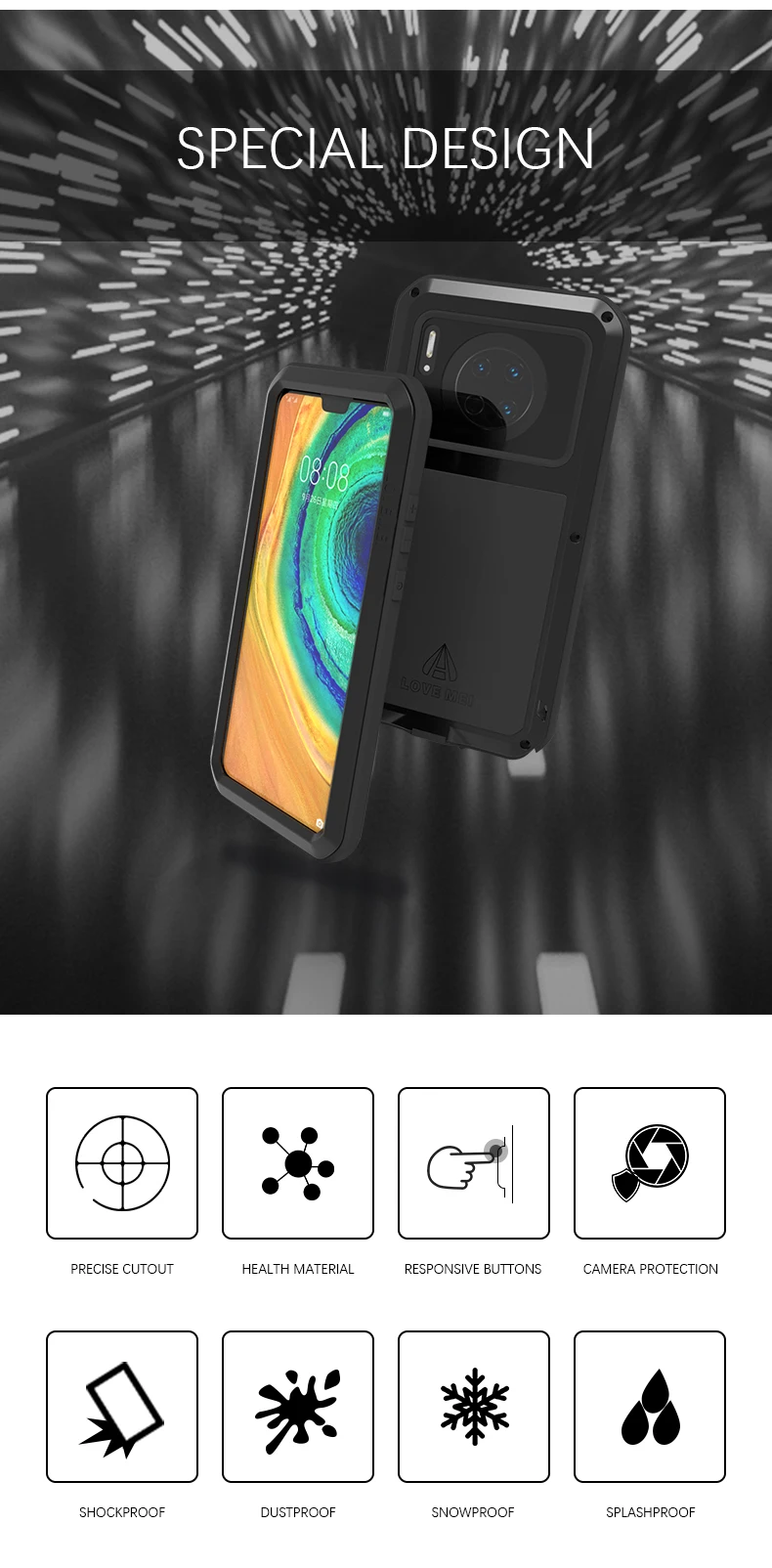 LOVE MEI Водонепроницаемый металлический чехол для телефона для huawei mate 30 мощный противоударный чехол Huawey mate 30 5G алюминиевый чехол+ закаленное стекло