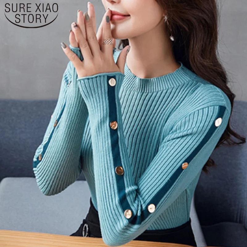 Женский Теплый свитер с длинным рукавом синий вязаный 5035 90 зима 2019 | Женская