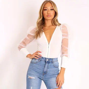 

Women Puff Sleeve Bodysuits Sheer Mesh Bodysuit Stretch Casual V Neck Leotard Bodysuits Zip Up Top