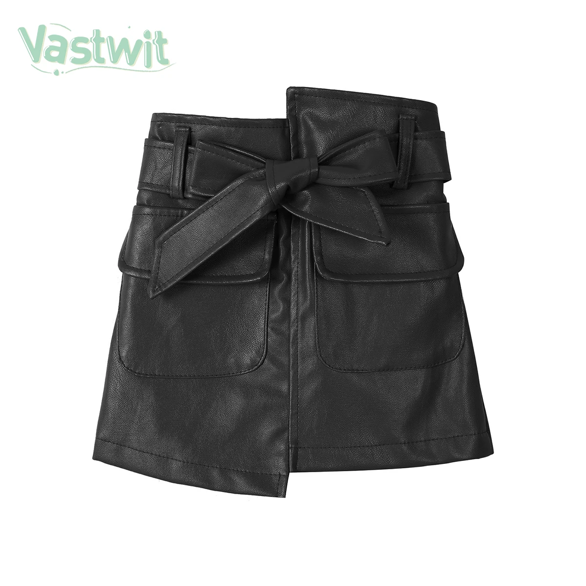 

Spring Autumn Kids Girls High Waist Pocket PU Leather Skirt Irregular Bowknot Comfortable Cute Baby Clothes Children Clothing