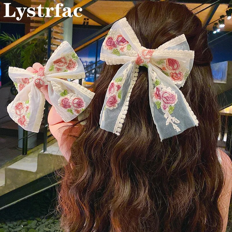 

Lystrfac New Rose Embroidery Big Bow Hairpin for Women Girls Super Fairy Lace Hairclip Hairgrips Top Clip Hair Accessories