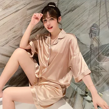 

Foply 2 Piece Summer Women Faux Silk Satin Pajamas Set Printed Short Sleeve Sleepwear Shorts Pajamas Suit Female Sleep Homewear