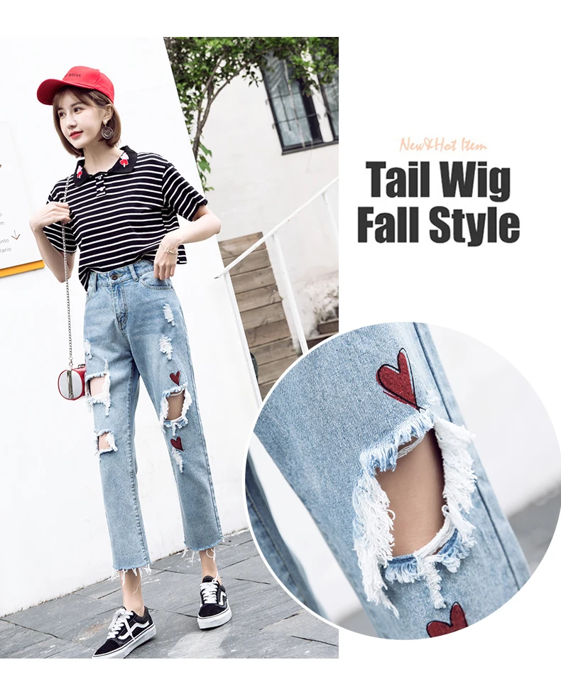 Hole jeans female personality printing foreign air nine pants spring loose thin harem pants tide casual wild woman jeans