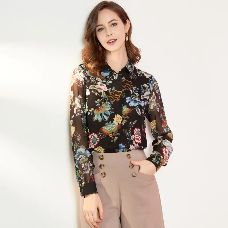 

Women's Blouses and Tops Silk black Floral printed Office Formal Casual Shirts Plus Large Size Spring Summer Sexy Haut Femme