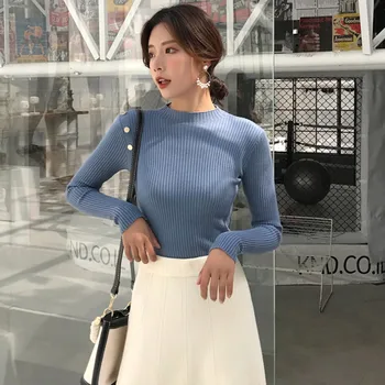 

Female Women Button Knit Pullover Fashion Turtleneck Sweater Autumn Slim Sweaters