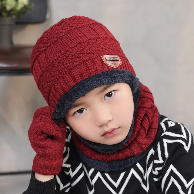 Winter Beanie Hat for Child Outdoor Thickening Hat Scarf Warm Scarf Hat Gloves Set Child Hat Scarf Set 3 Pcs Skullies Beanies - Color: Burgundy