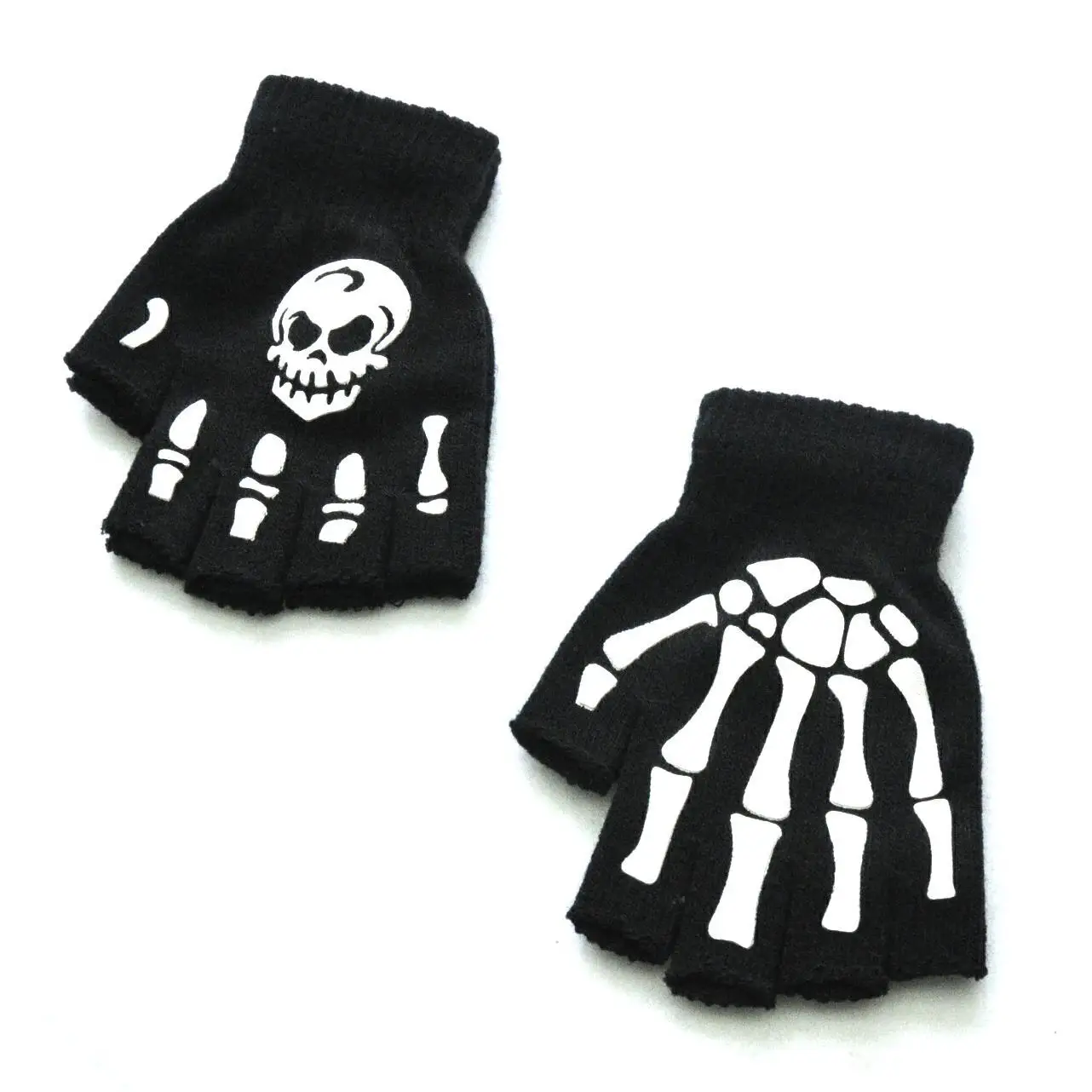 Unisex Adult Halloween Skeleton Skull Half Finger Gloves Glow In The Dark Fingerless Stretch Knitted Winter Mittens