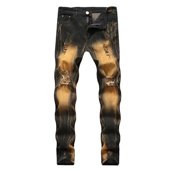 

Gersri Men's Biker Jeans Destroyed Pants Pleated Motocycle Denim Gold Trousers Brand Designer Straight High Quality Male Pants