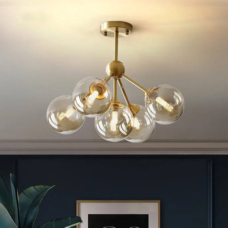 Современный дизайн стеклянный шар на подвеске 5 головок Янтарный стеклянный пузырь лампа люстра для гостиной кухни Золотой светодиодный светильник