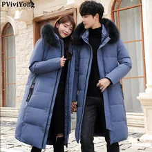 PViviYong, корейский Зимний высококачественный пуховик с капюшоном для пар, модная длинная парка, мужская куртка QT709/9058