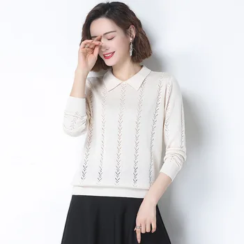 

New ladies spring and autumn lapel tops vertical stripe hollow long-sleeved knitted T-shirt