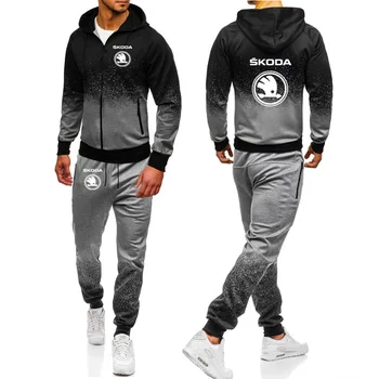 

Hoodies Men Skoda Car Logo Print Casual Harajuku Gradient color Hooded Fleece zipper Jacket Sweatshirt Sweatpants Suit 2pcs