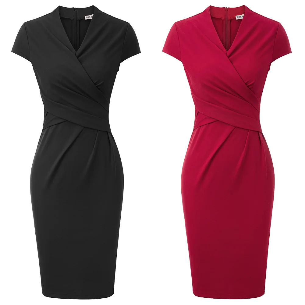 Grace Karin Women's Pleated Pencil Dress Cap Sleeve Surplice V-Neck Hips-Wrapped Bodycon Fashion Lady Elegant Tight |