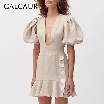 

GALCAUR Vintage Ruched Dress Female V Neck Puff Sleeve High Waist Plus Size Mini Dresses Women Clothes 2020 Fashion Spring New