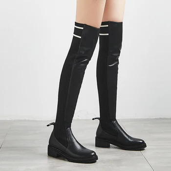 

Women's genuine leather Stretch knit slip-on flats over the knee boots high quality comfortable leisure winter long boots shoes