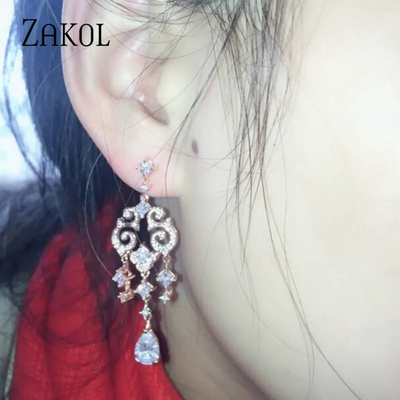 Женские серьги подвески ZAKOL длинные из кубического циркония для свадебного обеда