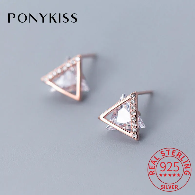 

PONYKISS Real 925 Sterling Silver Triangle Zircon Stud Earrings Summer Delicate Fashion Earrings Women Party Elegant Accessory