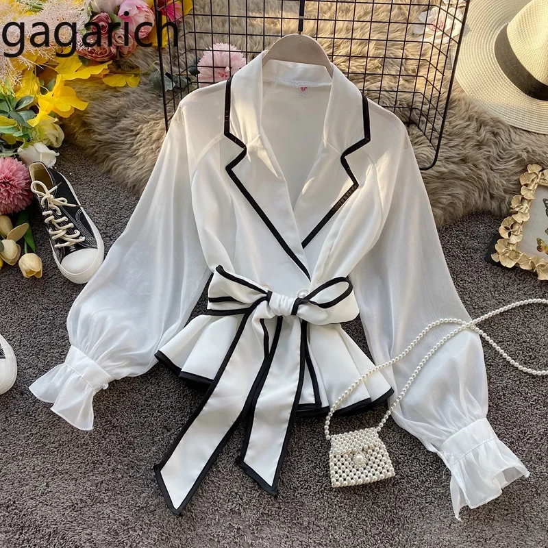 

Gagarich French Retro Women Blouse Spring Notched Long Sleeve Chiffon Tops Femme Hit Color Sashes Slim Ruffles Stylish Shirt