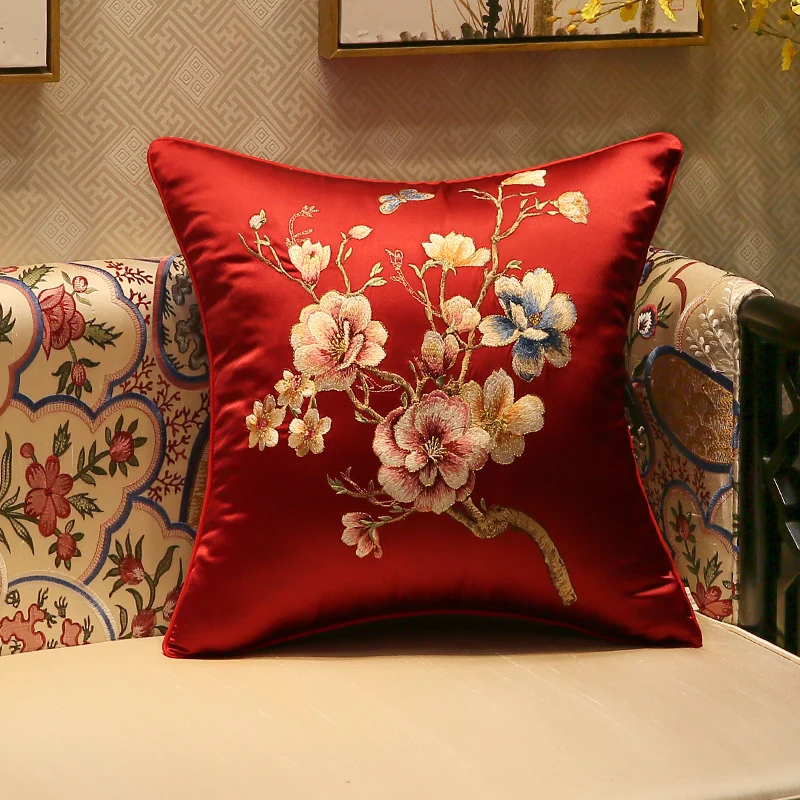 Классическая вышивка цветок наволочка Подушка сатиновая Подушка кресло-подушка/гостиная/автомобиль декоративная 45 см - Цвет: Red