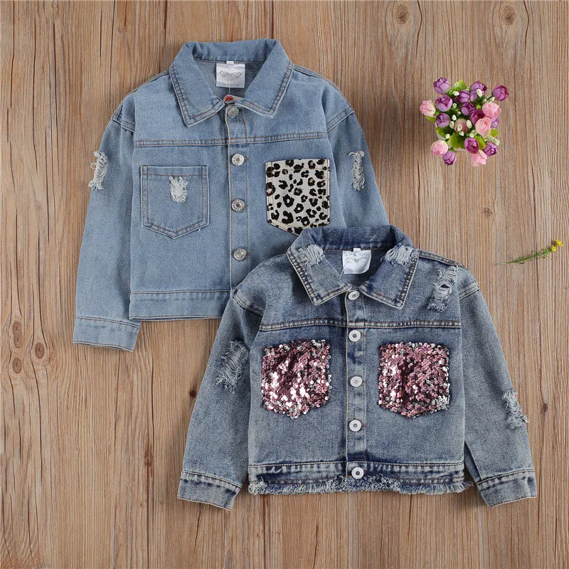 

F2020 autumn children baby Girls Denim Coat Long Sleeve Lapel Button Open Front Jacket with Pockets Leopard/ Glitter 1-6 Years