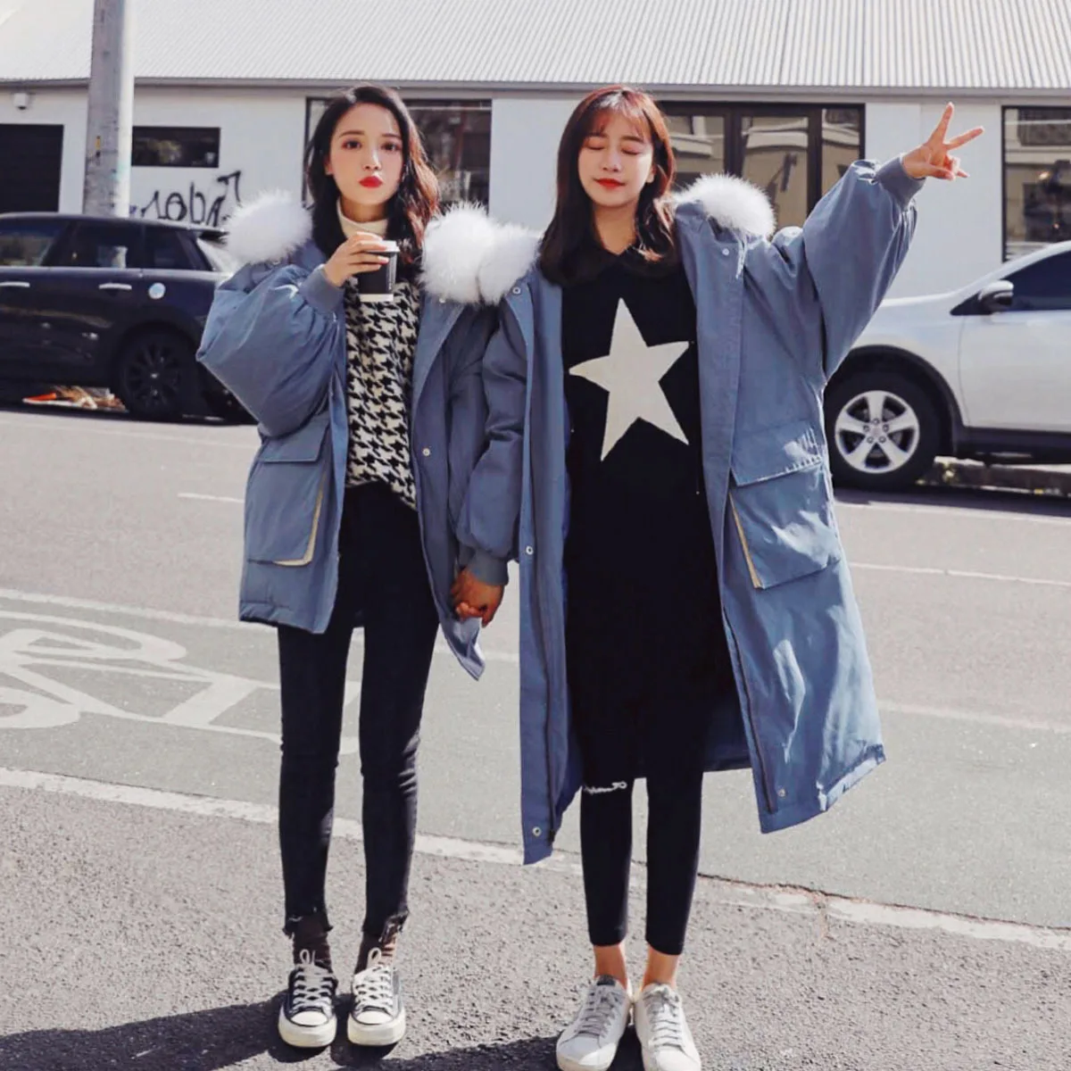 

Photo Shoot Korean-style Women's Loose-Fit Fur Collar Cotton-padded Clothes Large Pocket Hooded Cotton Coat Thick 2019 Winter Lo