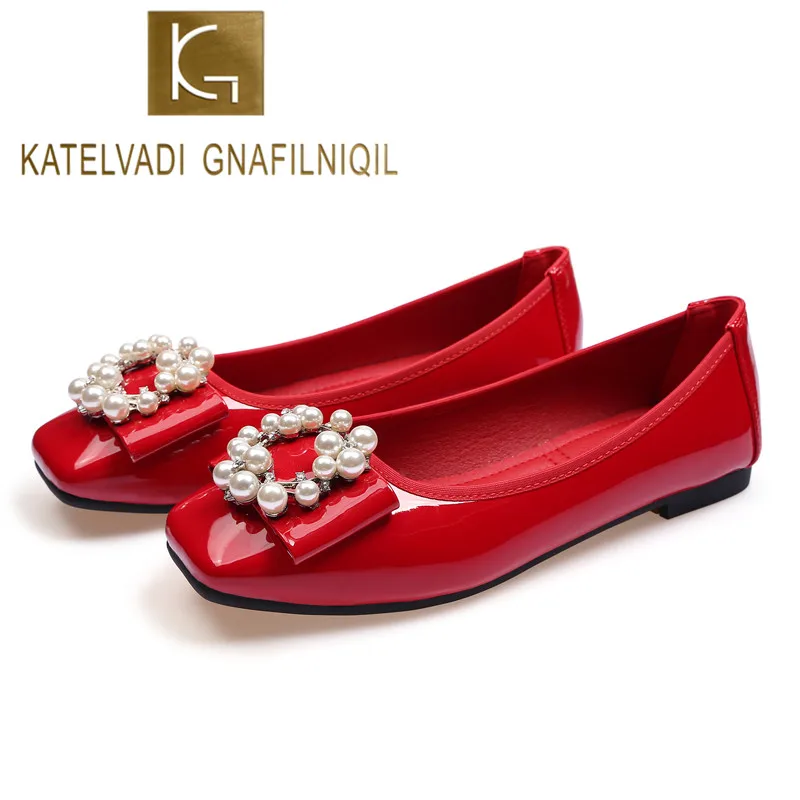 

KATELVADI Woman Flats Shoes Pearl Loafers Ladies Casual Shoes For Women Square Toe Flats Spring and Autumn JN0018
