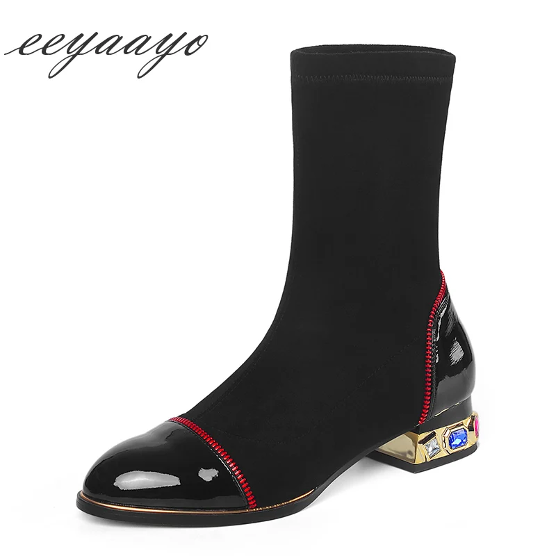 

2019 New Spring/Autumn Women Ankle Boots Middle Square Heel Round Toe Crystal Fashion Women Cow Suede Shoes Black Short Boots