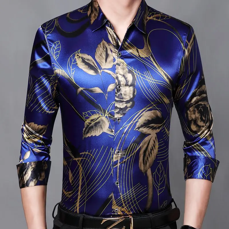 Plus Size Blouse Mens Silk Printed Mens Shirts Long Sleeve Blue Mens Shirts Flowers Fashion 2020 Gentlemen Clothing Casual Club