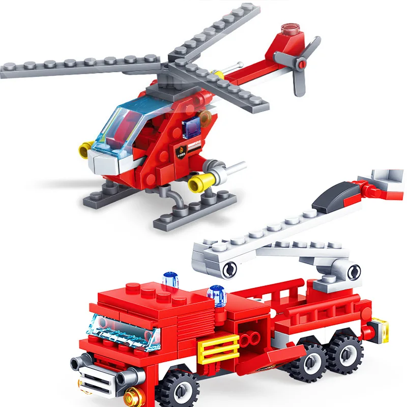 348pcs-Fire-Fighting-4in1-Trucks-Car-Helicopter-Boat-Building-Blocks-Compatible-city-Firefighter-figures-children-Toys (3)