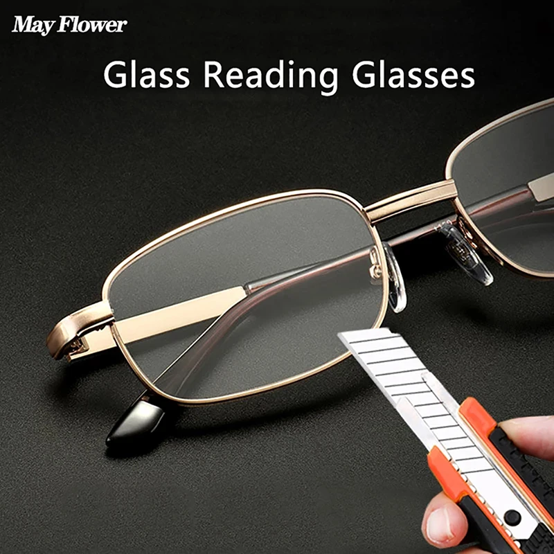 Reading Glasses Retro Square Presbyopic Eyewear Glass Lenses Metal Hyperopia Men +3.5+4