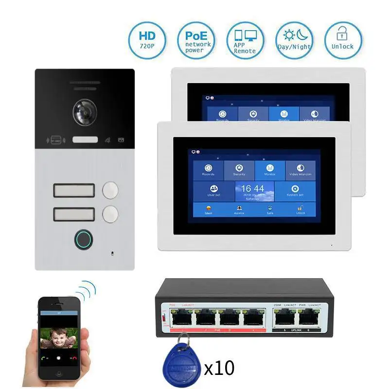 7" Record Wired Wifi Apartment/Family Video Door Phone Intercom System 6 button 