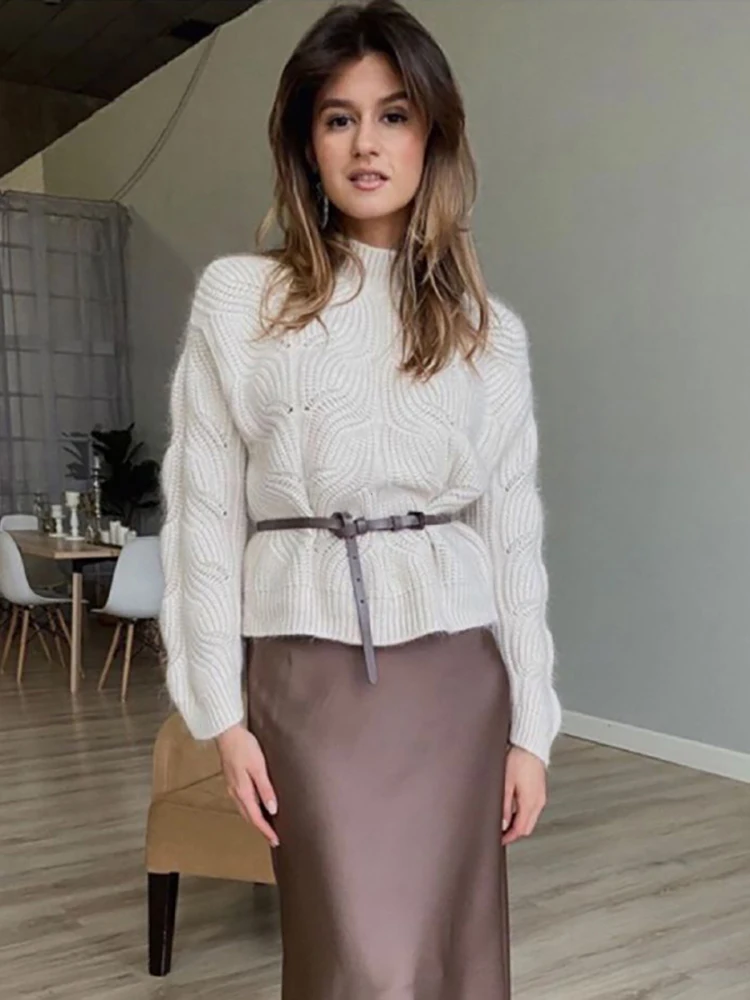 

Wixra Sweaters Women Mock Neck Soft Cozy Pullover Femme Jumper Hollow Out Ladies Knitwear Top Autumn Winter