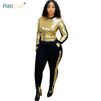 

ZOOEFFBB Plus Size Sequin Tracksuit Two Piece Set Women 2020 Rave Festival Clothing Top and Pant Sweat Suits Sexy Club Outfits